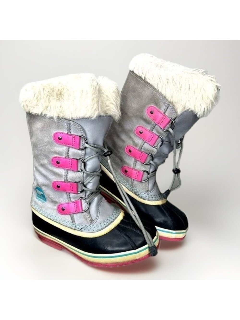 Sorel Winter Snow Boots Girls 4 Gray Pink Waterproof Faux Fur Insulated Warm